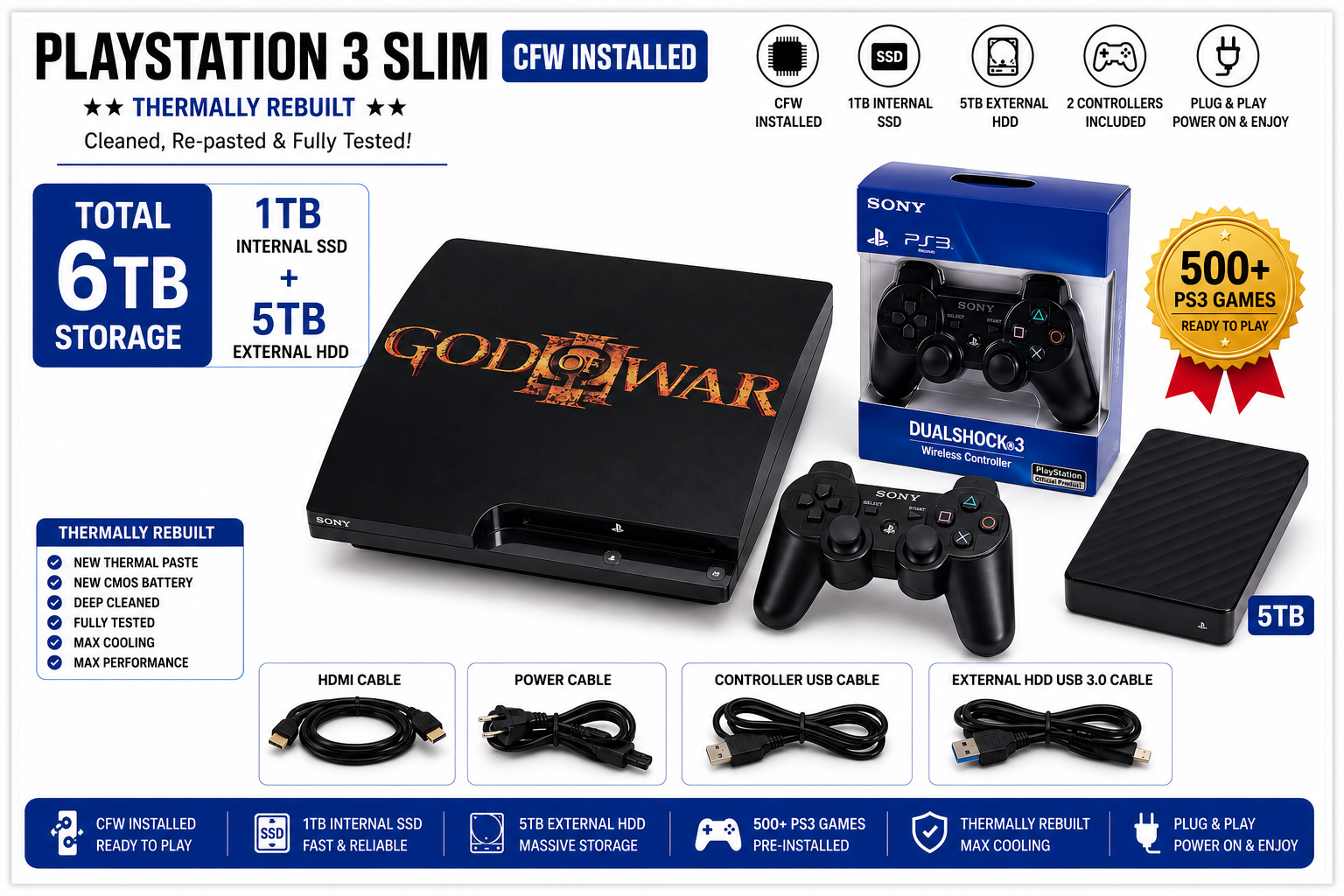 6TB Mod PlayStation 3 Slim PS3 with - Internal SSD & Thermally Rebuilt to last